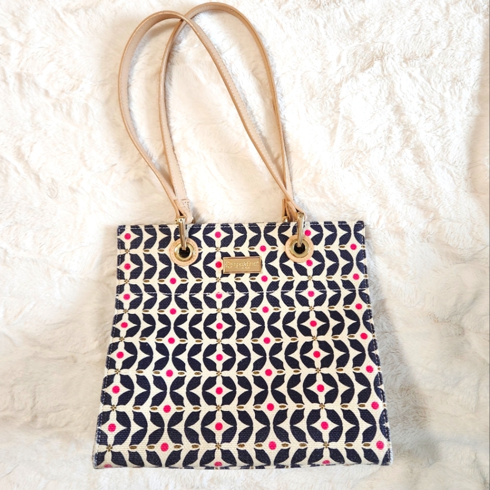 Spartina 449 Classic Maritime Print Tote Bag Purse, Linen & Leather